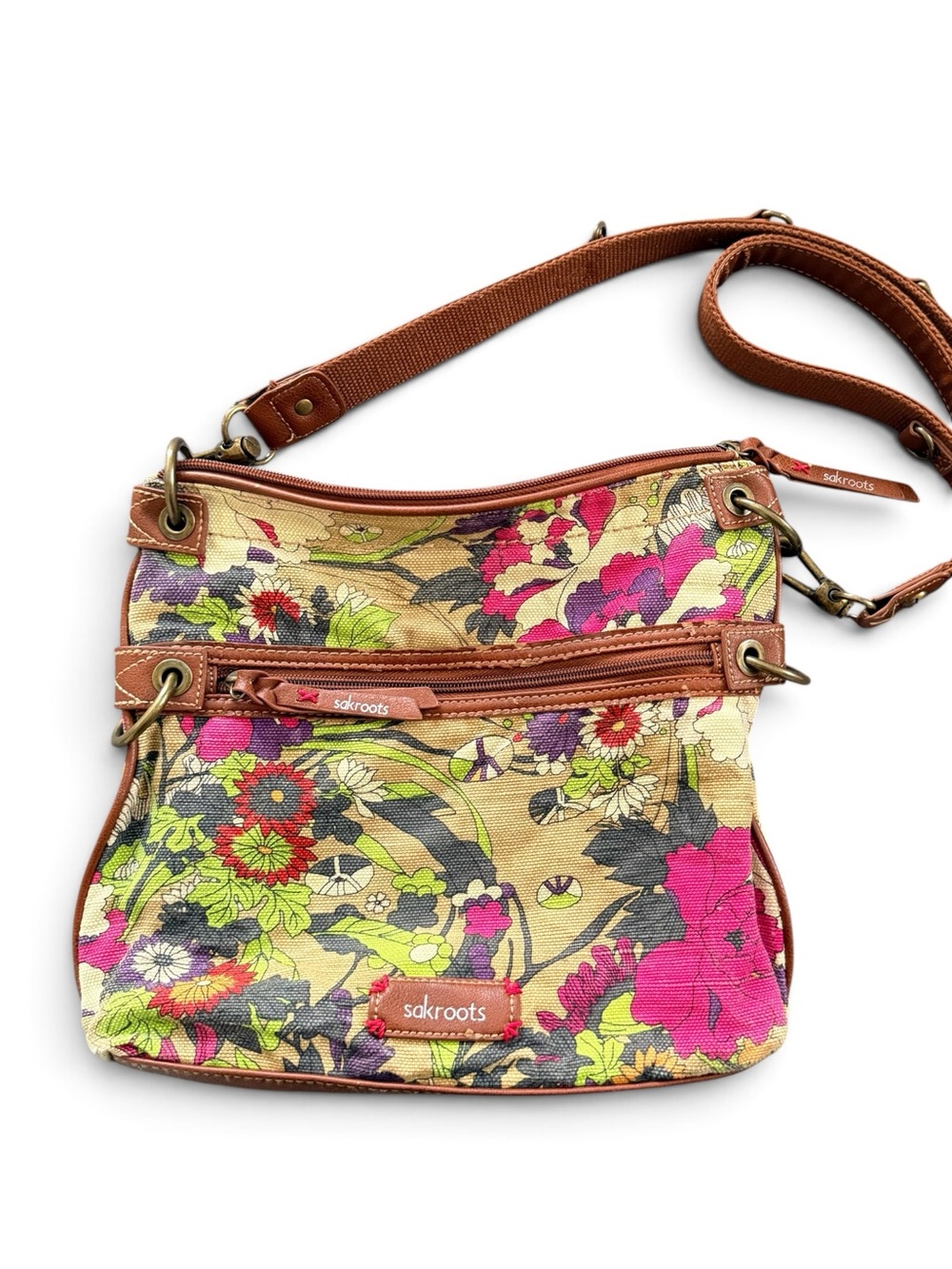 Sakroots Artist Circle Floral Medium Crossbody Bag Tan Pink Green Canvas